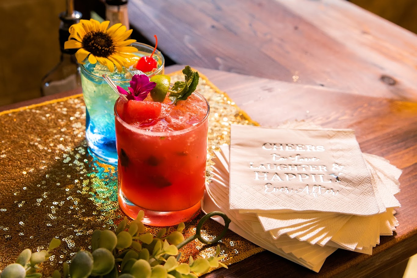 colorful signature cocktails at wedding