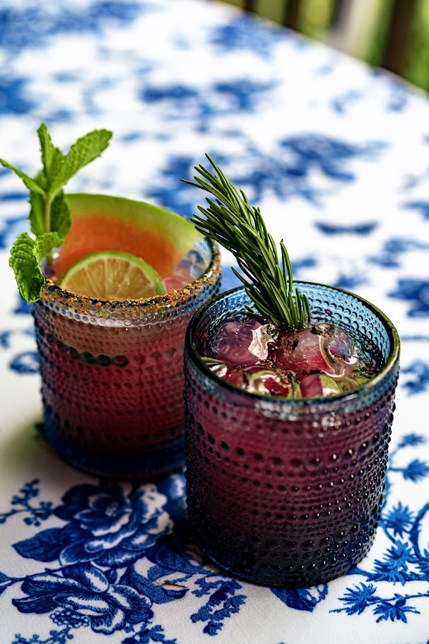 watermelon cocktails in blue glasses